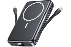 AOBBOW for Magsafe Battery Pack, 5 in 1 Portable Charger with Built in Cable, Magnetic 10000mAh Power Bank, USB-C Fast Charging Slim Travel Battery Pack with LED Display, Compatible with iPhone 16/15/14/13
