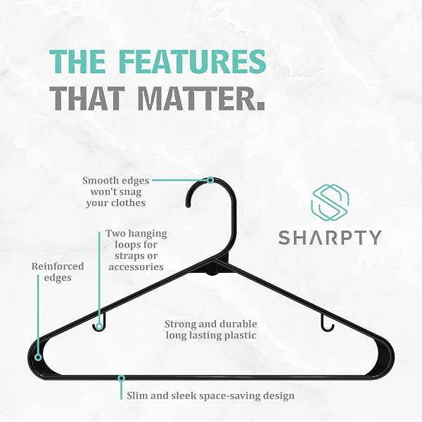 SHARPTY PLASTIC HANGERS CLOTHES HANGERS FOR CLOTHING, CLOSET, COATS & SHIRTS – DURABLE & SPACE SAVING – FOR EVERYDAY STANDARD USE, ROOM ESSENTIALS & BASICS – 20 PACK – BLACK