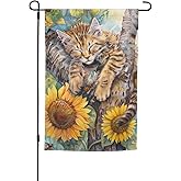 Cute Cat Garden Flag 12x18 Inch Double Sided, Sunflower Yard Flag For Outdoor, Summer Seasonal Decors For Farmhouse Holiday Outside