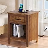 HOMMPA Farmhouse Nightstand with Charging Station, Mid Century Modern Night Stand w/Drawer & Open Shelf, Wood Bedside Table Night Table, Rustic End Table for Bedroom, Greige