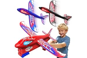 FZLIROU 3 Pack Airplane Launcher Toy with Glowing Eyes & Web-Pattern Wings,2 Flight Modes Outdoor Games for Kids,Boys Toys Age 3-12,Birthday Gifts for 3 4 5 6 7 8 9 10 11 12 Year Old,Kids Gift(Red&Blue&Black)