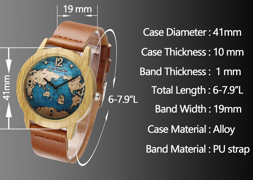 JSDDE Montre Femme Montre en Forme Bois Vintage Bracelet PU Cuir Noir(Carte du Monde)