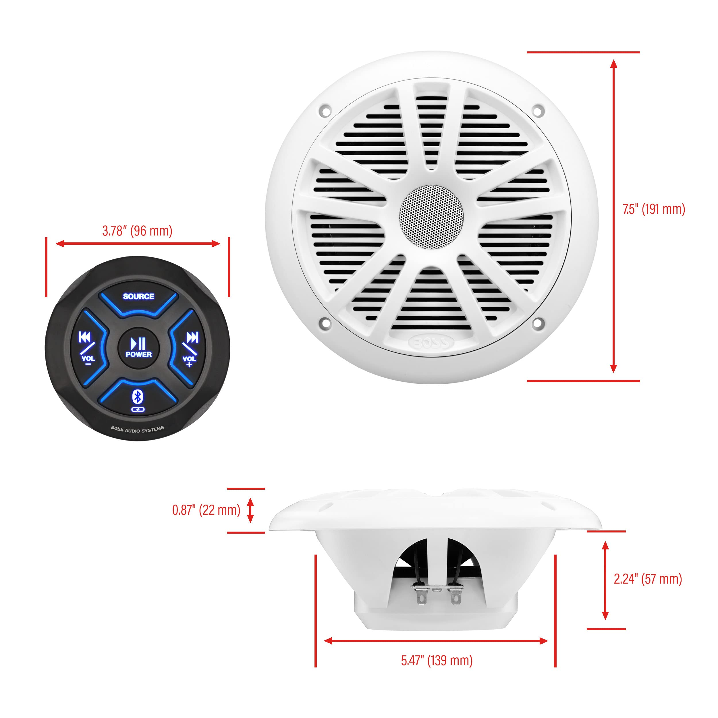 BOSS Audio Systems MG150W.6 Marine Boat Stereo Sound System Speaker Package - Built-in 2 Cannel Amplifier Head Unit, IPX6 Weatherproof, Bluetooth, No CD Player, USB, 6.5 Inch Full Range Speakers