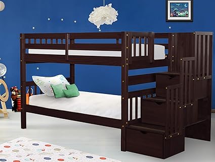 Bedz King Stairway Bunk Beds Twin Over Twin With 3 Drawers In The Steps Cappuccino Amazon In Home Kitchen King Bunk Beds With Stairs