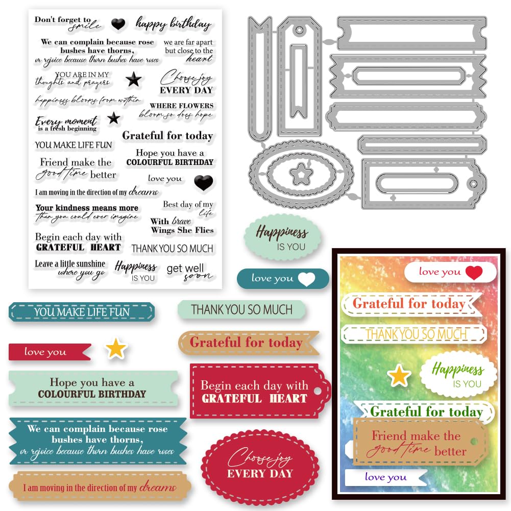INFUNLY 2pcs Sentimental Word Stamps and Dies for Card Making Blessing Words Motivational Quotes Silicone Clear Stamps and Label Cutting Die for Embossing Album DIY Craft Scrapbooking Decoration