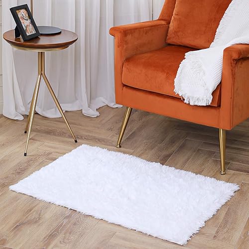 Yome Machine Washable Area Rug, Shaggy Home Decor Floor Rug, Carpet Overlocking on Edges, Ultra Soft Carpet for Bedroom, Living Room, Children’s Room, Book Room, Fluffy Rug 2 x 3 Feet, White.