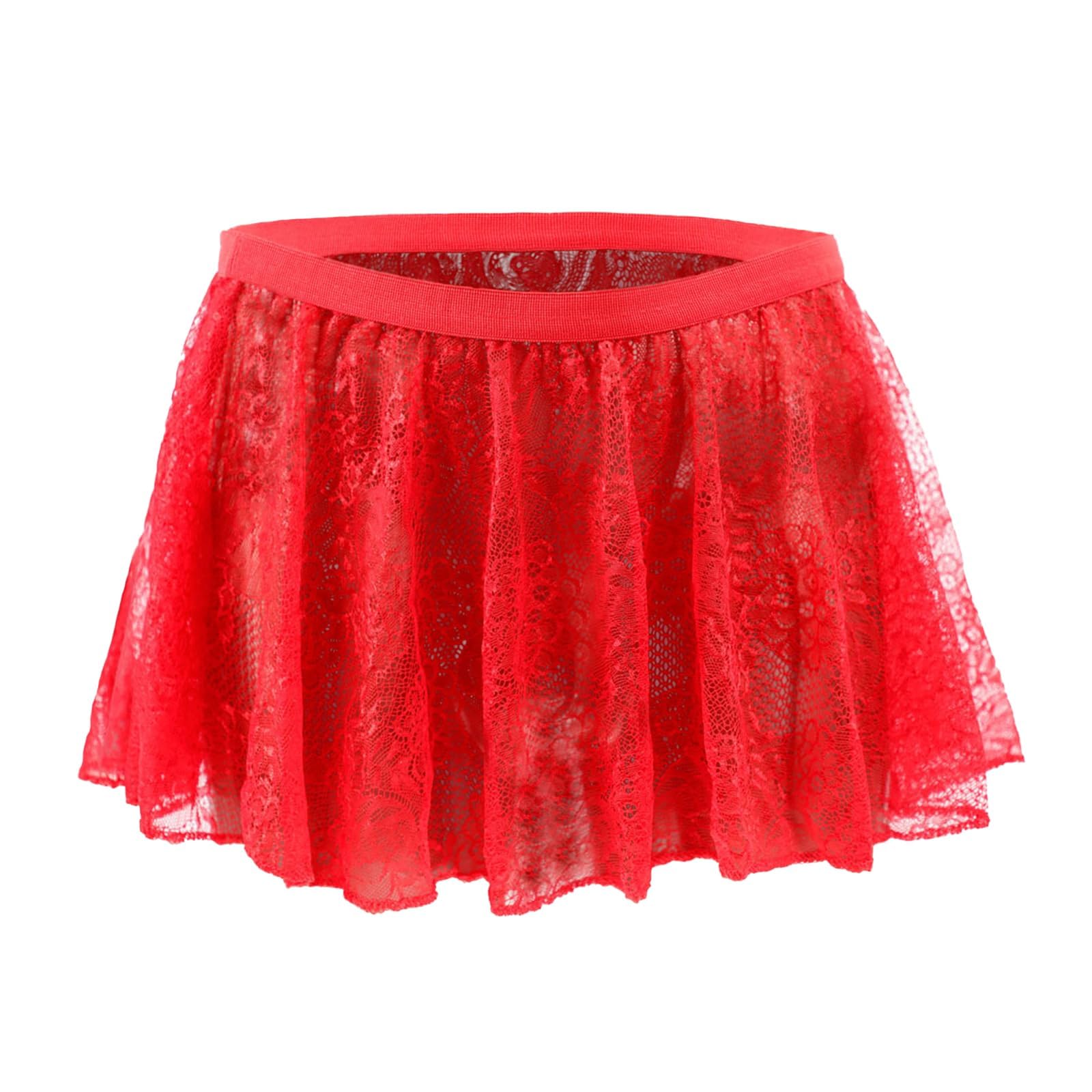 GENEMEN Mens Lace Skirts Sexy See Through Crossdresser Sissy Dress Underwear Mesh Mini Nightclub Party Outfit （Red）