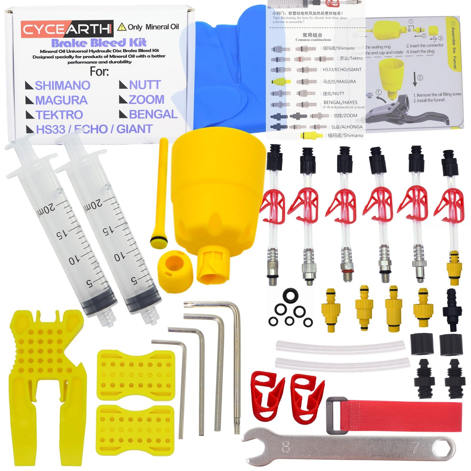 CYCEARTH Bicycle Brake Bleed Kit for Shimano TEKTRO MAGURA Zoom Bike Mineral Oil Hydraulic Disc Professional Tool Set (Kit B)