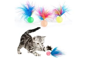 SHENGSEN Cat Ball Toy 4 Pack,Interactive Cat Feather Toys for Indoor Cats, Glow-in-Dark Bouncy Ball with Feather Cat Toy Kitten Teething Toys for Playing Hunting