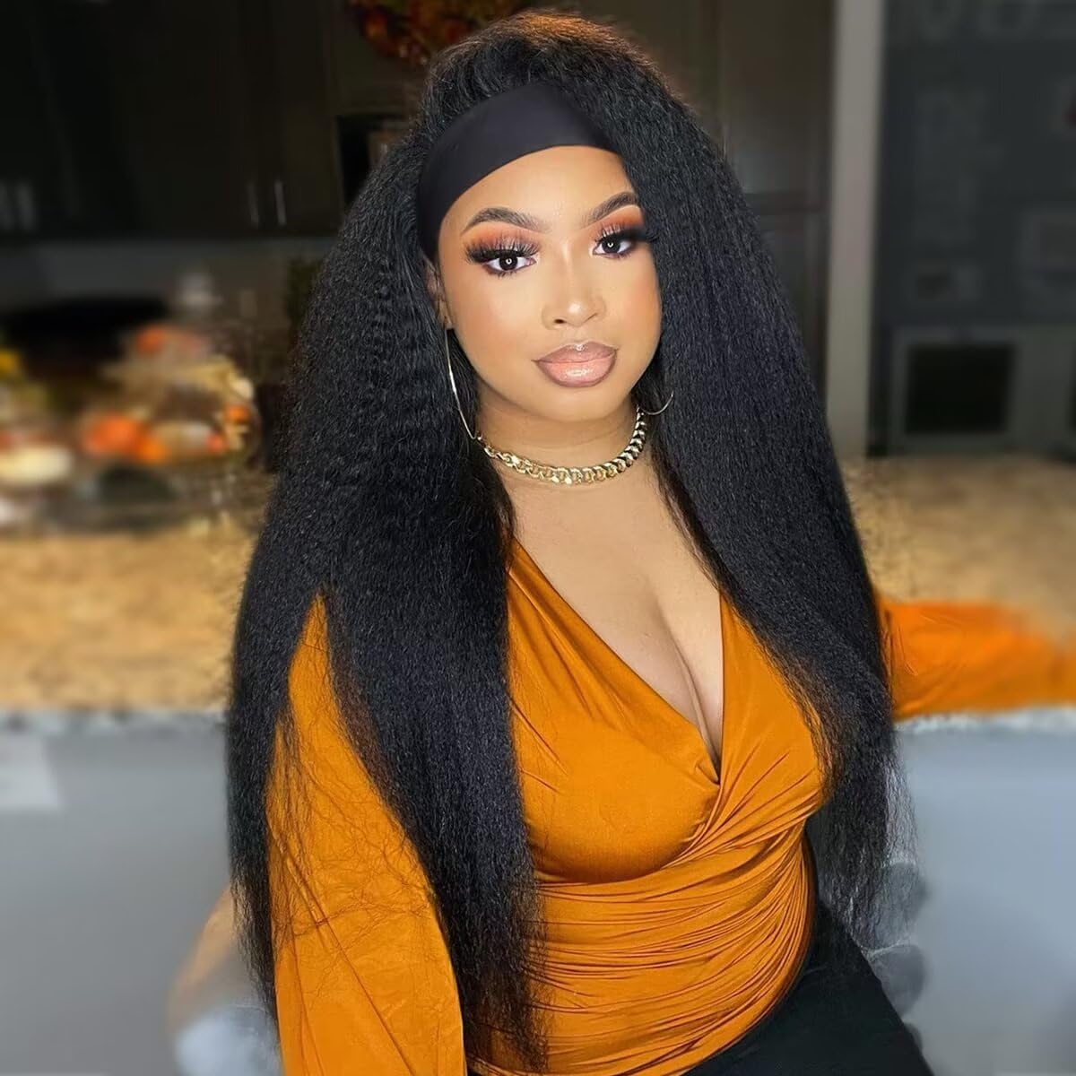 Headband Wigs for Black Women Kinky Straight Human Hair Wigs Brazilian Virgin Hair Wear and Go Glueless Wig 20 Inch Yaki Half Black Wig With Headband