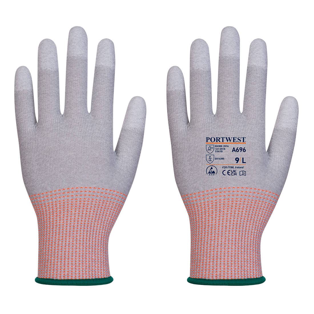 Portwest A696 - LR13 ESD PU Fingertip Cut Glove - Grey/White - Large (Pack of 12 Pairs)