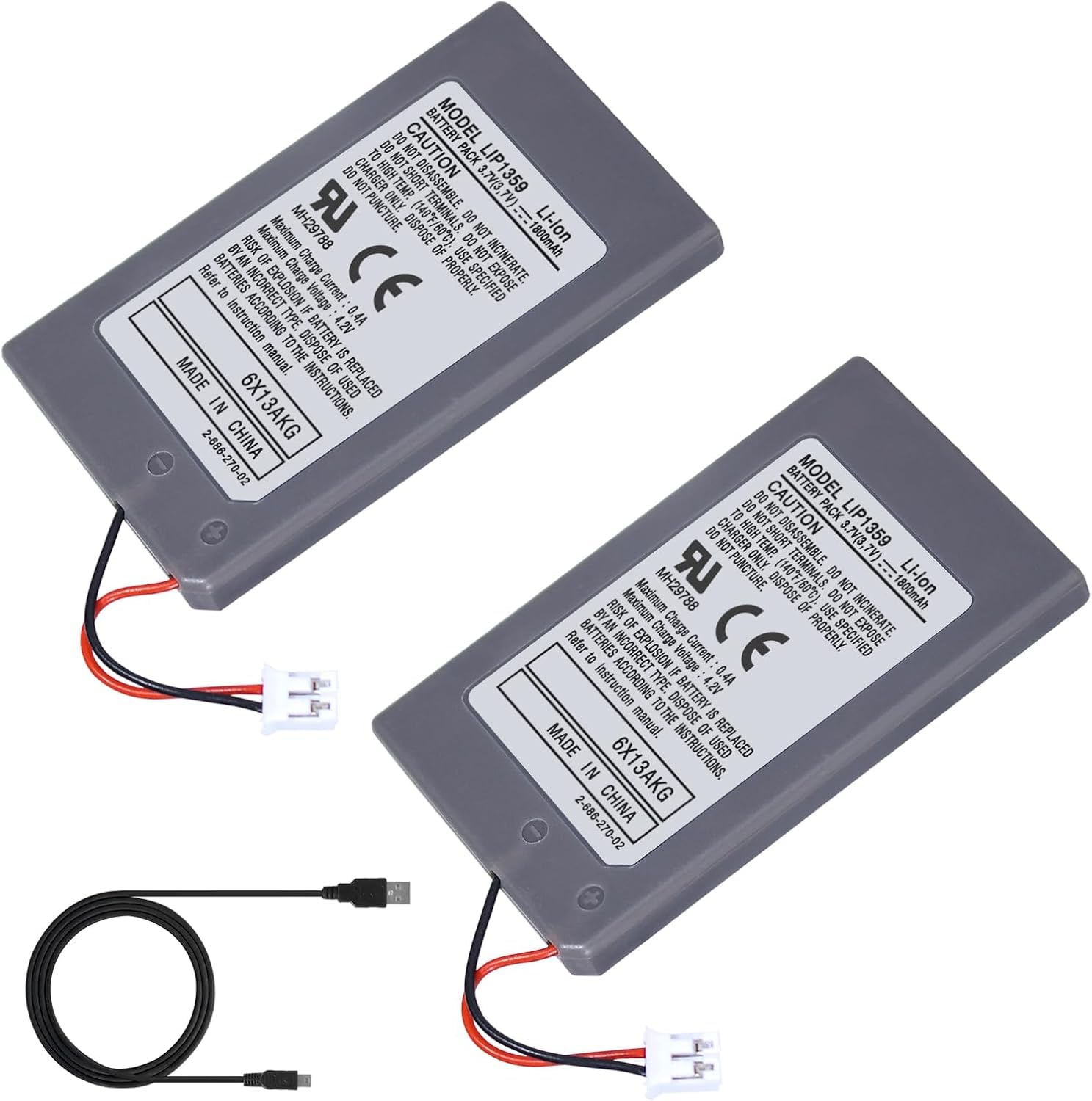 Battery for PS3 Controller, 2 x 1800 mAh 3.7 V LIP1359 Replacement Battery for PlayStation 3 PS3 Dualshock 3 Wireless Controller CECHZC2E CECHZC2U with Cable