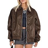 Tankaneo Womens Faux Leather Jackets Oversized Bomber Casual Fall Fashion Zip Up Moto Biker Coats