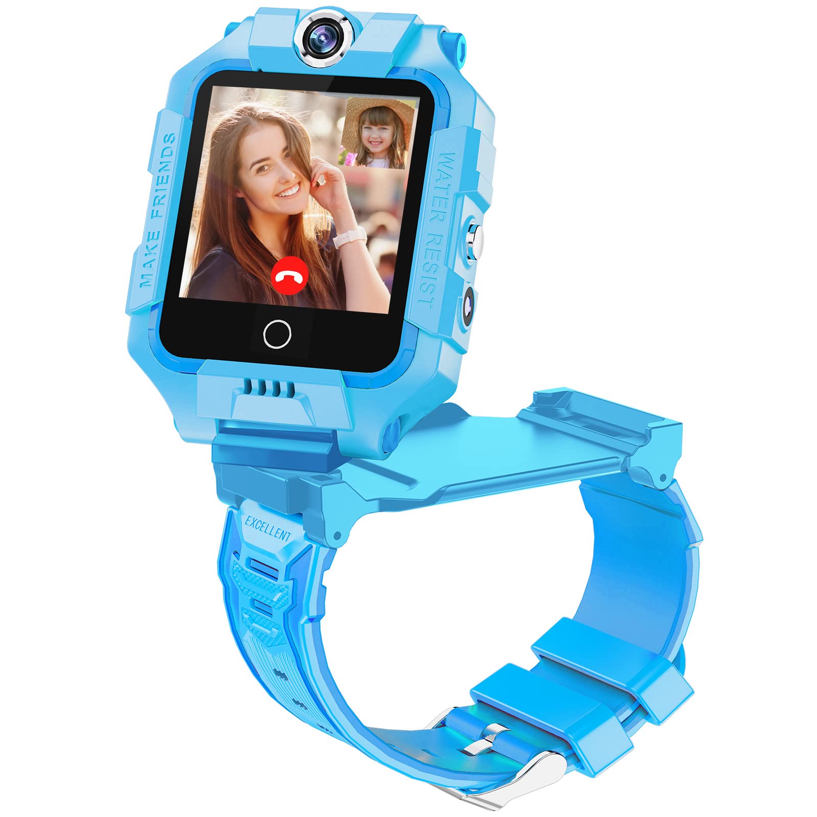 Upgraded 4G GPS Smartwatch for Girls Boys, IP67 Waterproof Sport Smart Watch Phone for Kids, with Camera WiFi Video Phone Call SOS Pedometer Gifts for Children 3-14 Yea (T10 360° Dual Camera Blue)