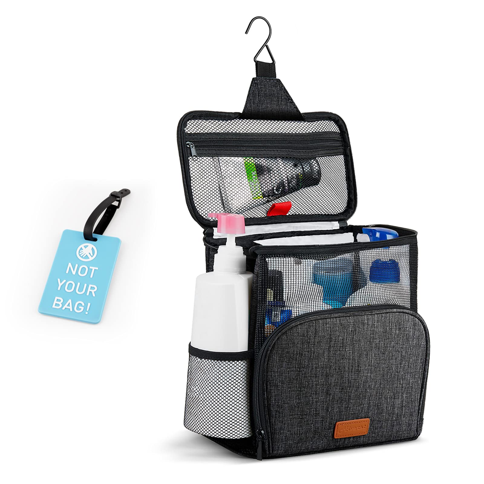Hiverst Hiverst Hanging Toiletry Bag, Shower Caddy Tote Bag (Updated Version, Full Size Bottle Compatible), Bath Organizer for College Dorms, Gym, Camp, Women Men, with Funny Luggage Tag