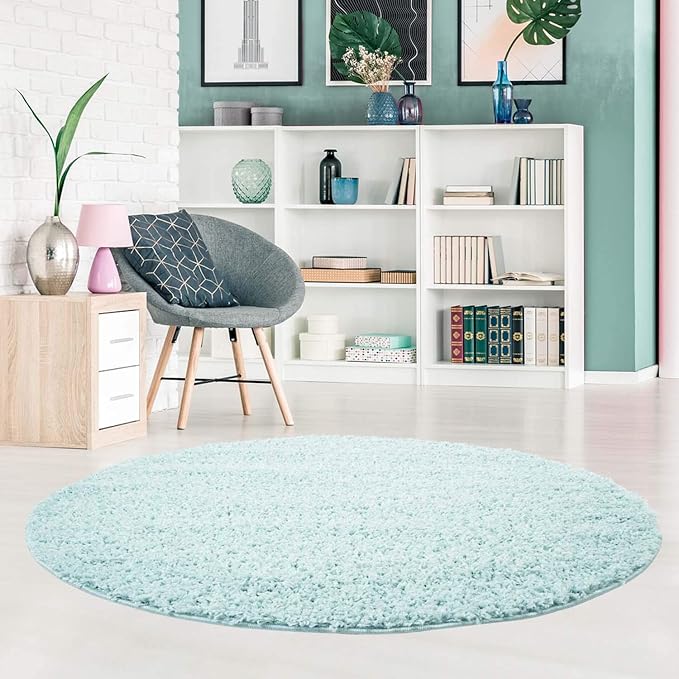 carpet city Shaggy Pastell Teppich Hochflor Langflor Einfarbig/Uni in Soft-Türkis, Hell-Blau aus Polypropylen für Wohn-Schlafzimmer, Größe: 120x120 cm rund