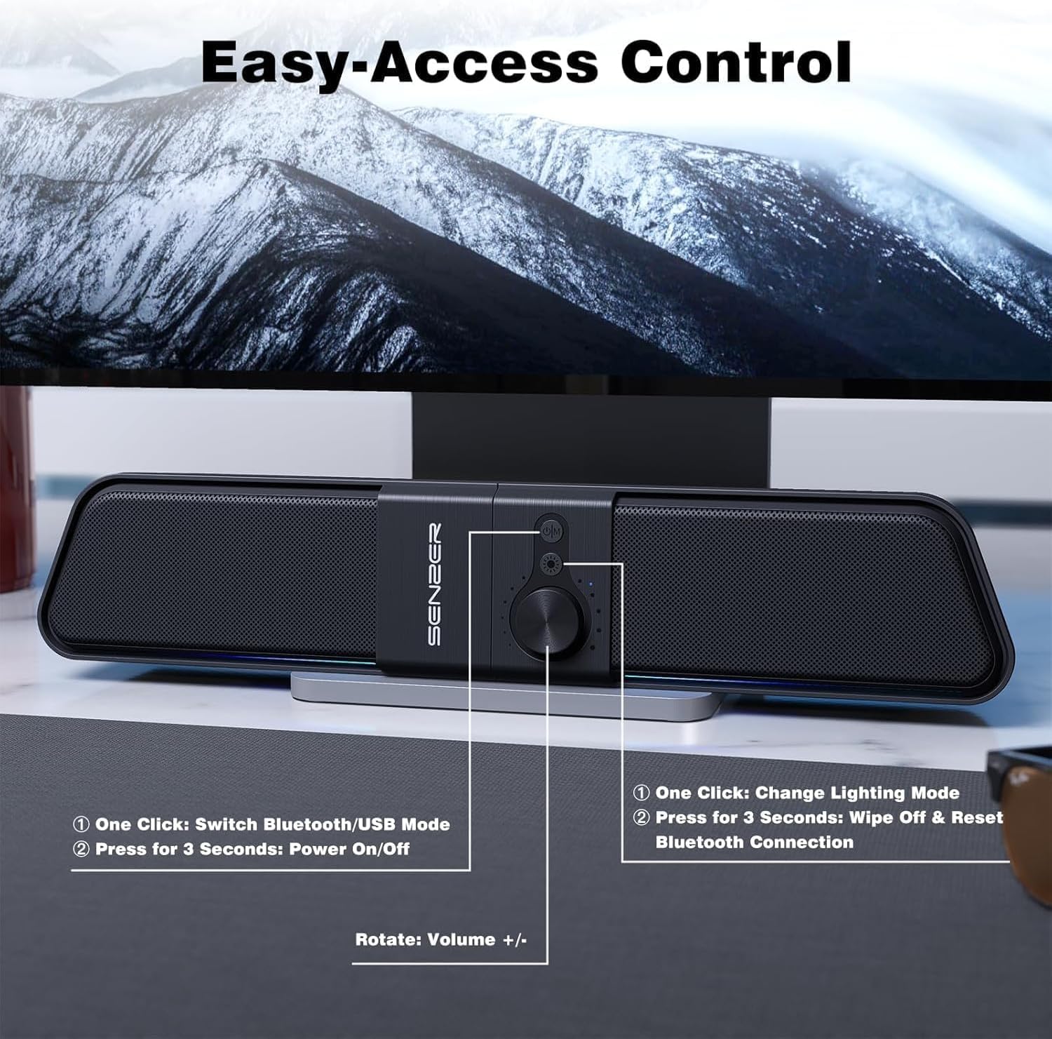 SENZER CS20 Pc Lautsprecher USB Powered Bluetooth Flowing LED Gaming Soundbar Lautsprecher für Laptop Desktop Monitor(Nicht 3,5mm Jack) 6