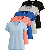 Real Essentials 5 Pack: Women's Short Sleeve T-Shirts Workout Tops Fitness Pilates Gym Activewear Athletic (Plus Available)