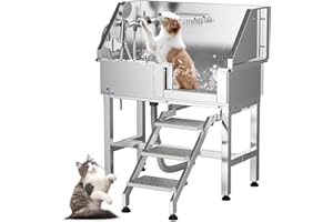 ROOMARK Dog Bathtub, 34" Stainless Steel Dog Washing Station with Sliding Door, Steps, Faucet and Sprayer, Dog Grooming Tub for Medium, Small Pets, Dog Tub for Home Max 110LB (Right Door)