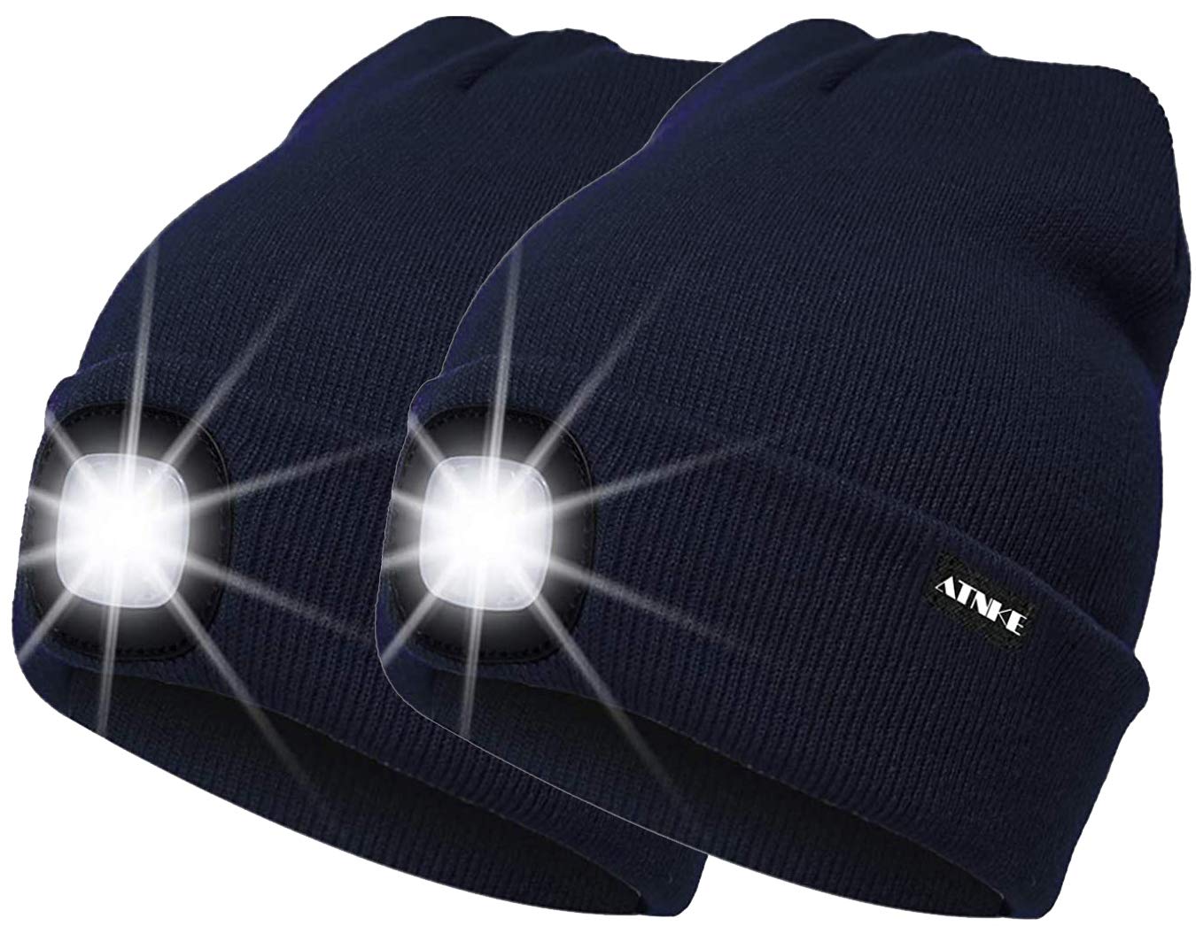 ATNKE 2Pcs New Warm LED Lighted Beanie Cap Unisex USB Rechargeable Running Hat Ultra Bright 4 LED Waterproof Light Lamp Multi-Color/Navy