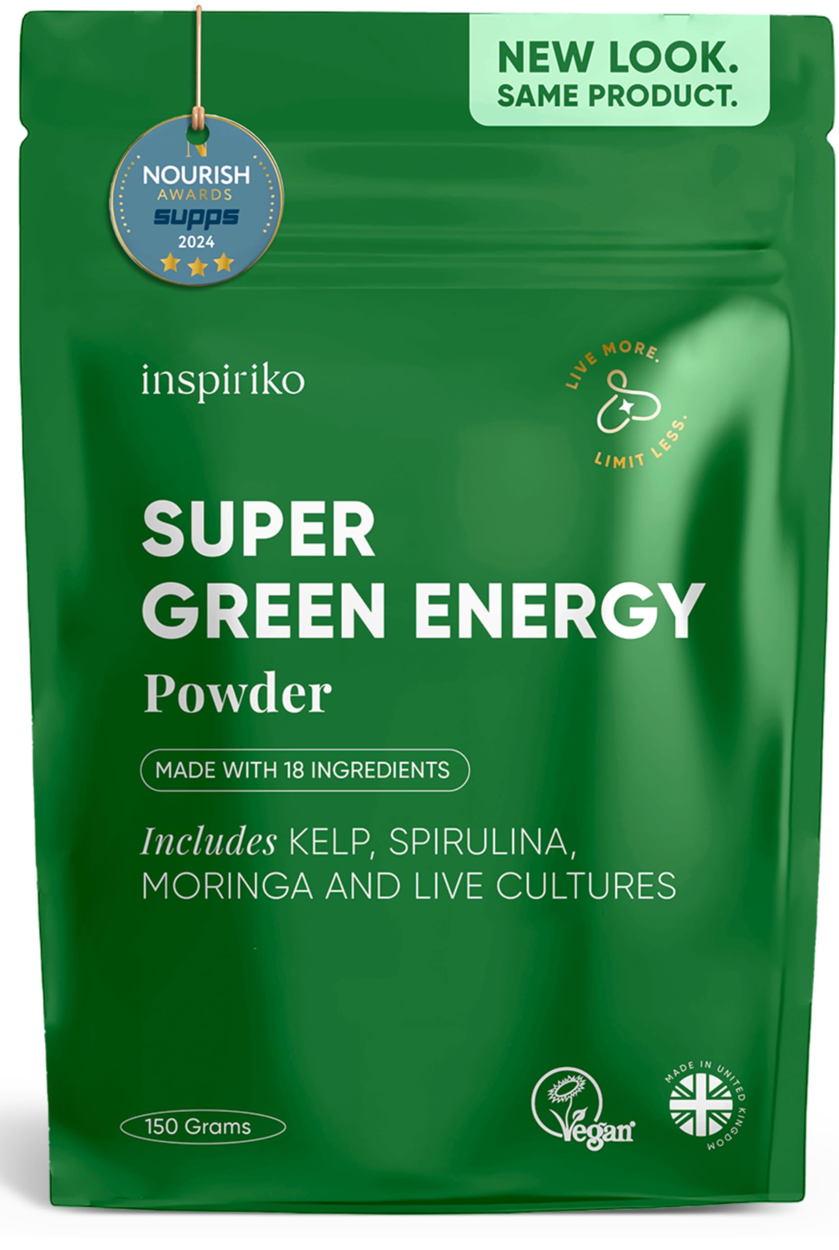 Inspiriko Super Greens Powder with 18 Natural Superfood Ingredients - Spirulina, Kale, Moringa - Green Powder Superfood with Probiotics, 150g, UK Made, Vegan