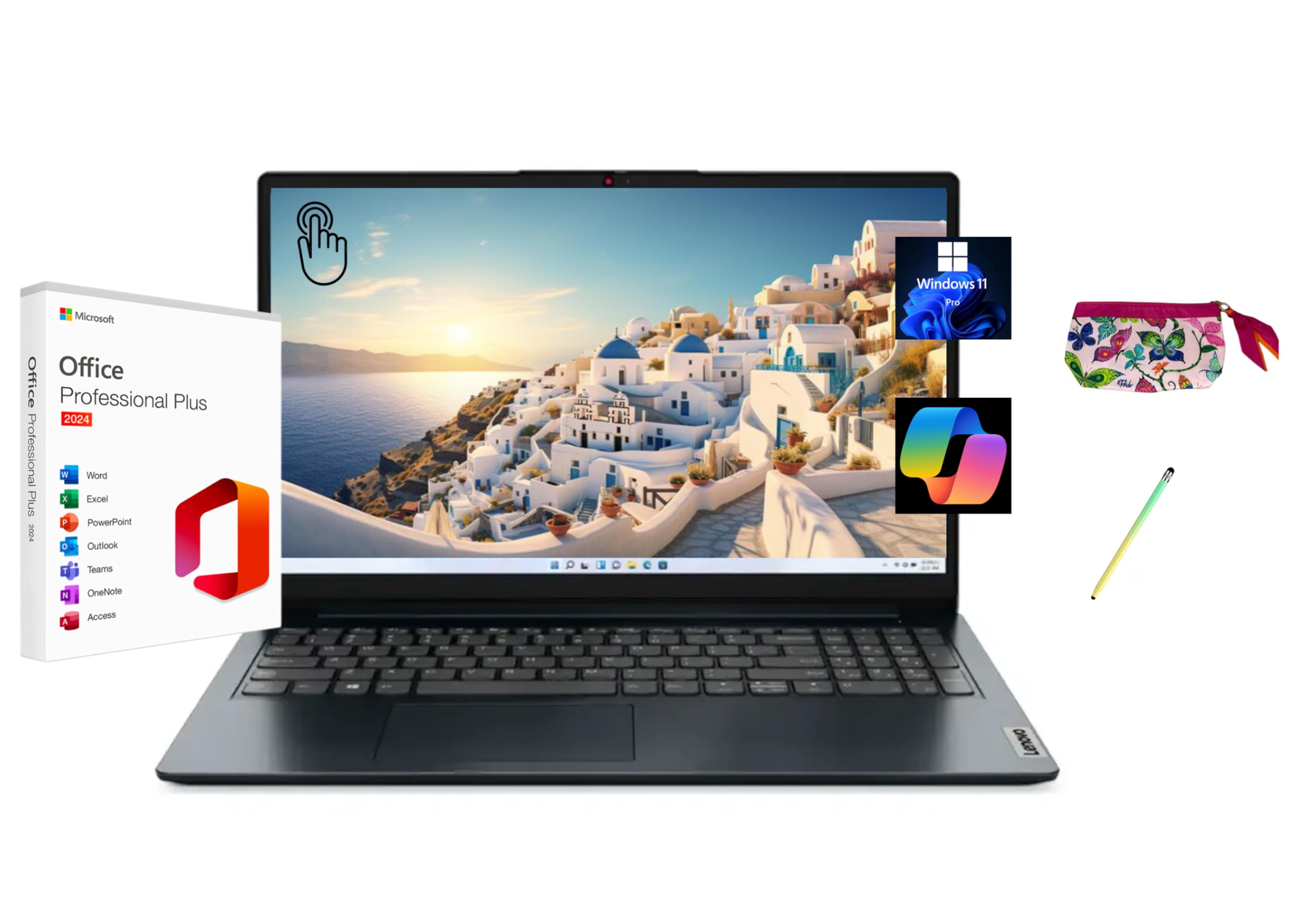 Lenovo Ideapad 1 15.6" FHD Touchscreen Laptop, with Free Lifetime Microsoft Office 2024, AMD Ryzen 7 7520U, 8GB RAM, 512GB SSD, Windows 11 Pro, Abyss Blue, with Stylus Pen & Pouch