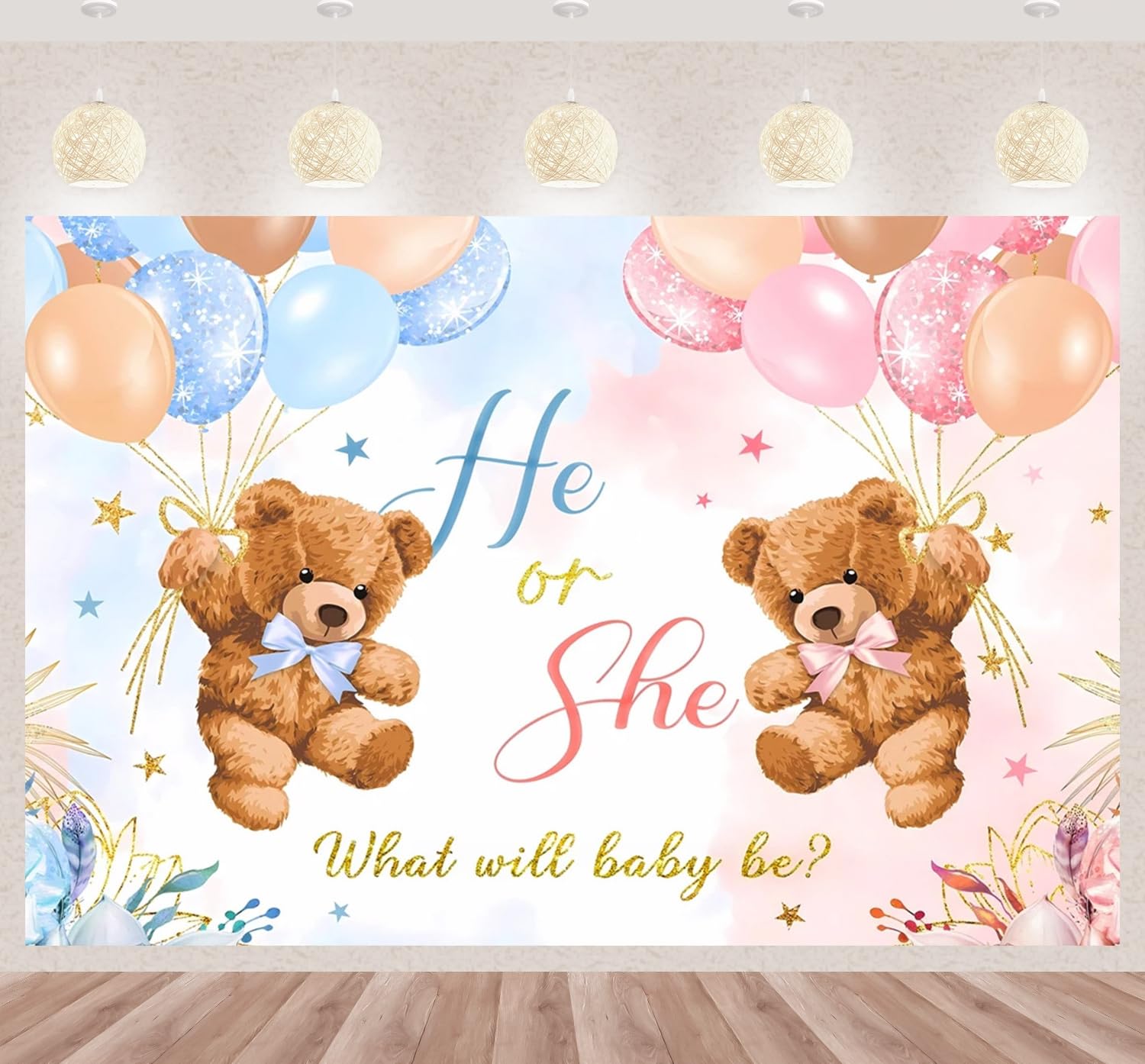 Pink and Blue Gender Reveal Background Banner She Or He Background Banner Gender Reveal Party Decoration Balloon Cloud Bear Pregnancy Announcement Backdrop for Baby Shower Decoration 180 * 120cm (D)