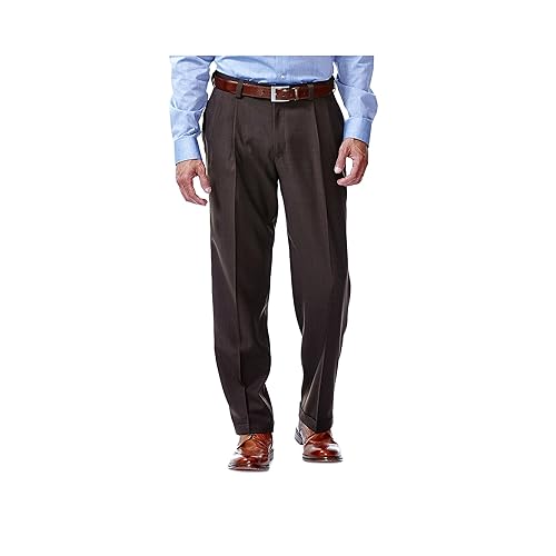 Haggar mens Eclo Stria Expandable-waist Pleat-front dress pants, Brown, 44W x 30L US