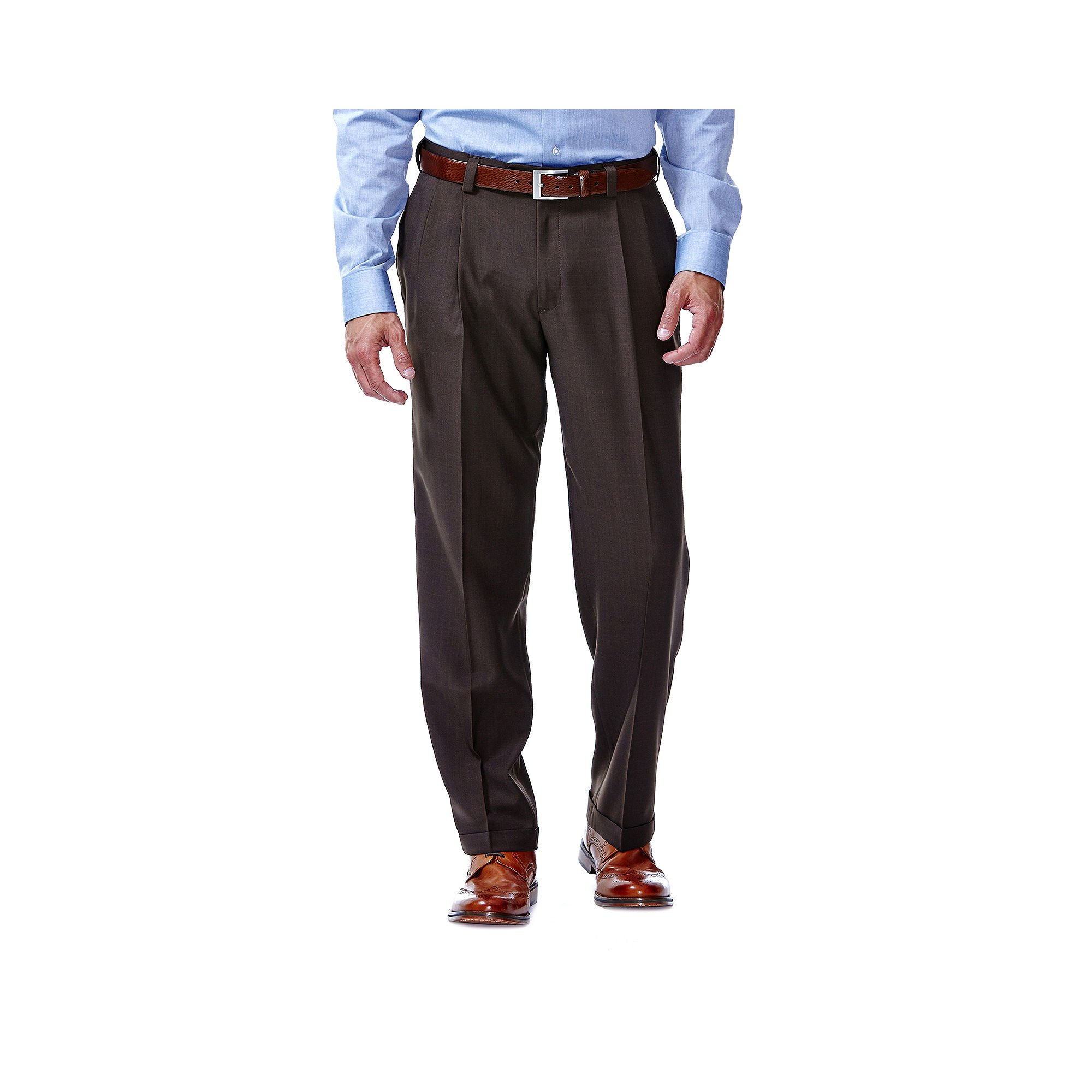 Haggar Men's ECLO Repreve Stria Pleat Front Dress Pant, Brown, 44x29 Image Haggar Men's ECLO Repreve Stria Pleat Front Dress Pant, Brown, 44x29 Image