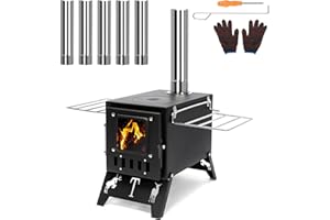 GFTIME Tent Stove Portable Camping Stove with 5 Chimney and Folding Legs for Camping, Garden, Outdoor Grill Cooker Kitchen, W