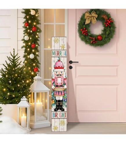 Merry Christmas Wooden Welcome Sign - 47.2" Vertical Porch Sign With Reindeer & Snowflake Design