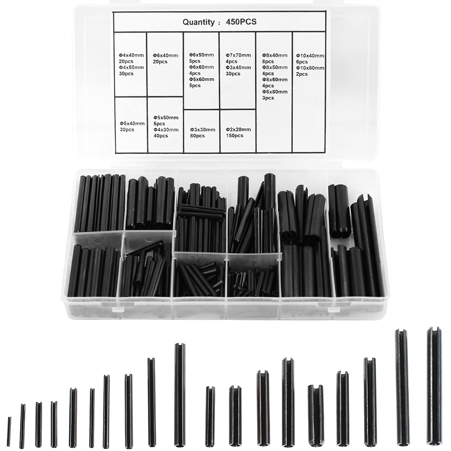 Easyhomie 450pcs Hollow Spring Pin Set, Stainless Steel Slotted Roll Pin Assortment Kit, ø 2.0-10mm (Black)