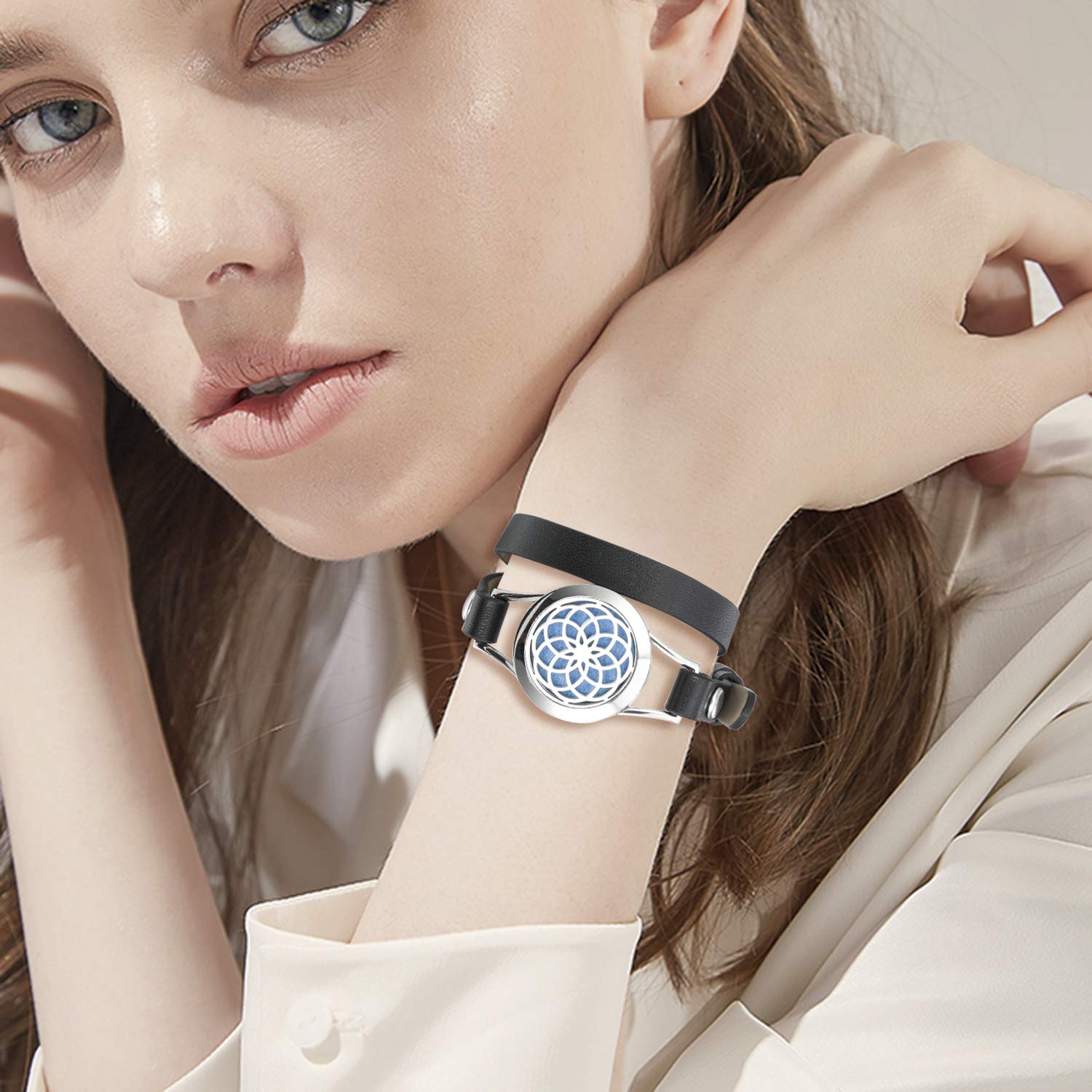 Aromatherapy Essential Oil Diffuser Bracelet Stainless Steel Adjustable Leather Band Charm Bracelet Jewelry Sets with 8 Scent Pads for Boys Girls, Sunflower