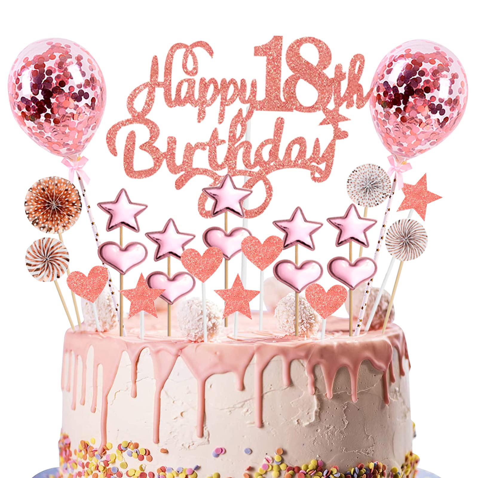Happy 18th Birthday Cake Topper Rose Gold Glitter Age 18 Birthday Cupcake Topper Kit with Star Heart Paper Fan Balloon Romantic Cake Pick Decorations for Girls Her Eighteen Years Old Anniversary Party