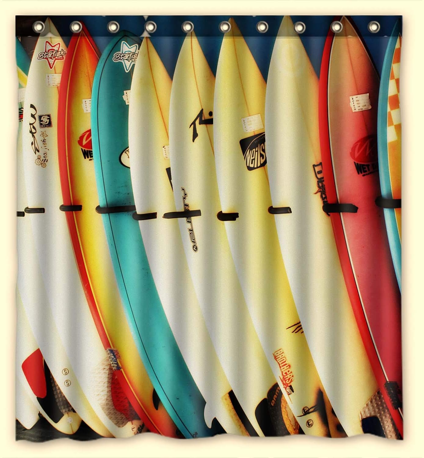 Custom Colorful Surfboard Waterproof Polyester Fabric Bathroom Shower Curtain with Ringstandard Size 66 X72 Inches