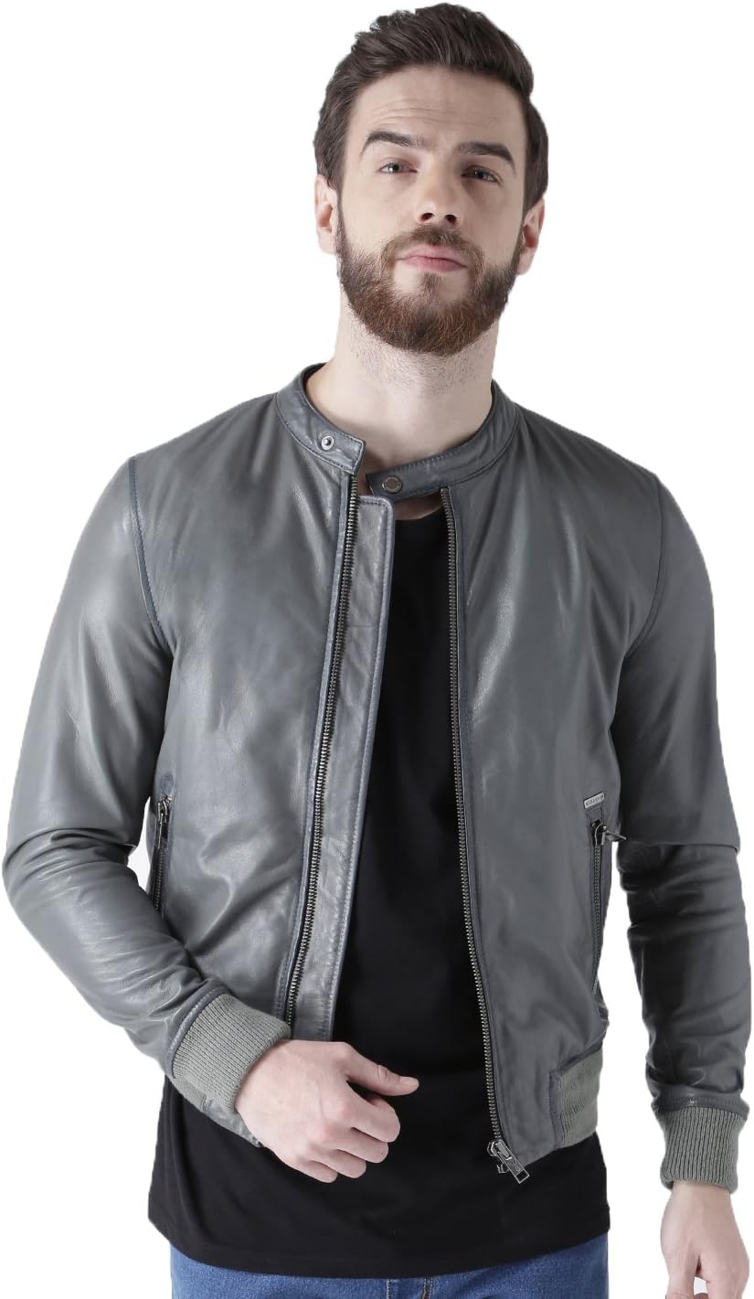 Men's Grey Color Banned Collar Leather Jacket For Men
