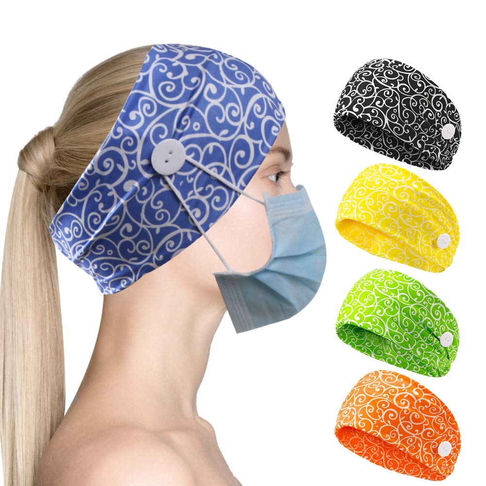 CGTL Style Headbands For Women Girls With Buttons Ear Protection Elastic Turban Fashion Yoga Hair Bands Accessories Non Slip 2 Pack Yellow Blue : Beauty