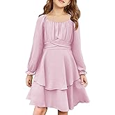 Haloumoning Girls Fall Dress Long Sleeve Off Shoulder Puff Sleeve Ruffle Tiered Layer Party Dresses 7-14 Years