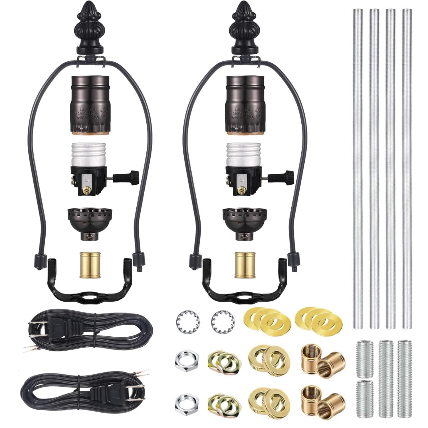 Photo 1 of 2 Sets Make-a-Lamp Kits - Table Repair or DIY Wiring Kits With 8'' Harp, 12'' Pipe, 3-Way Socket, 8 ft Cord, and All Hardware Parts for Creating DIY Antique Lamp Designs (Black)