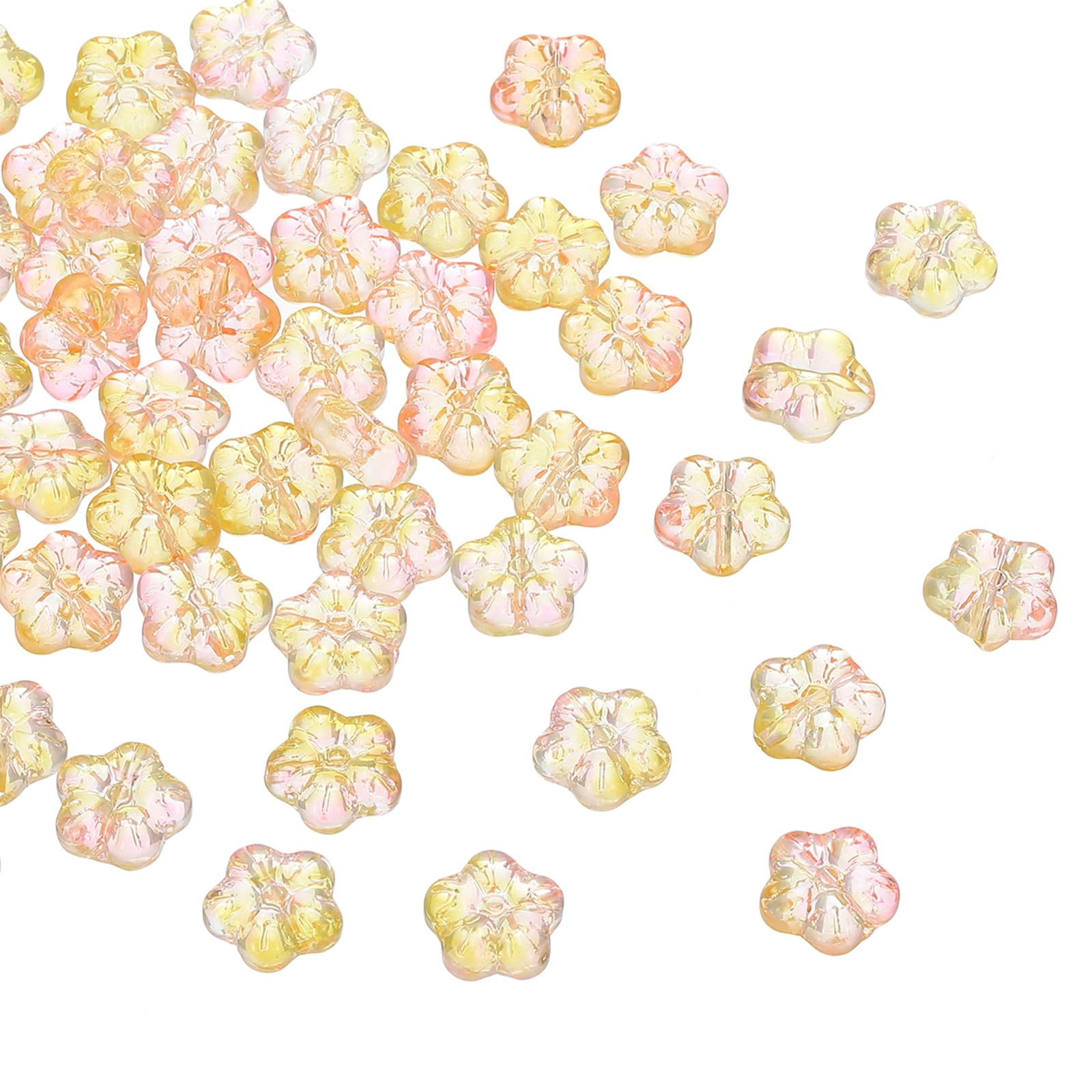 PATIKIL Random Glass Flower Beads, 100Pack Transparent Floral Hibiscus Beads for DIY Jewelry Making Bracelets Bulk, Yellow/Pink