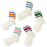 Yawlsow 3 Pairs Pilates Grip Socks for Women Yoga Grippy Striped Retro Crew Socks Non Slip Sticky Barre Sock with Grippers
