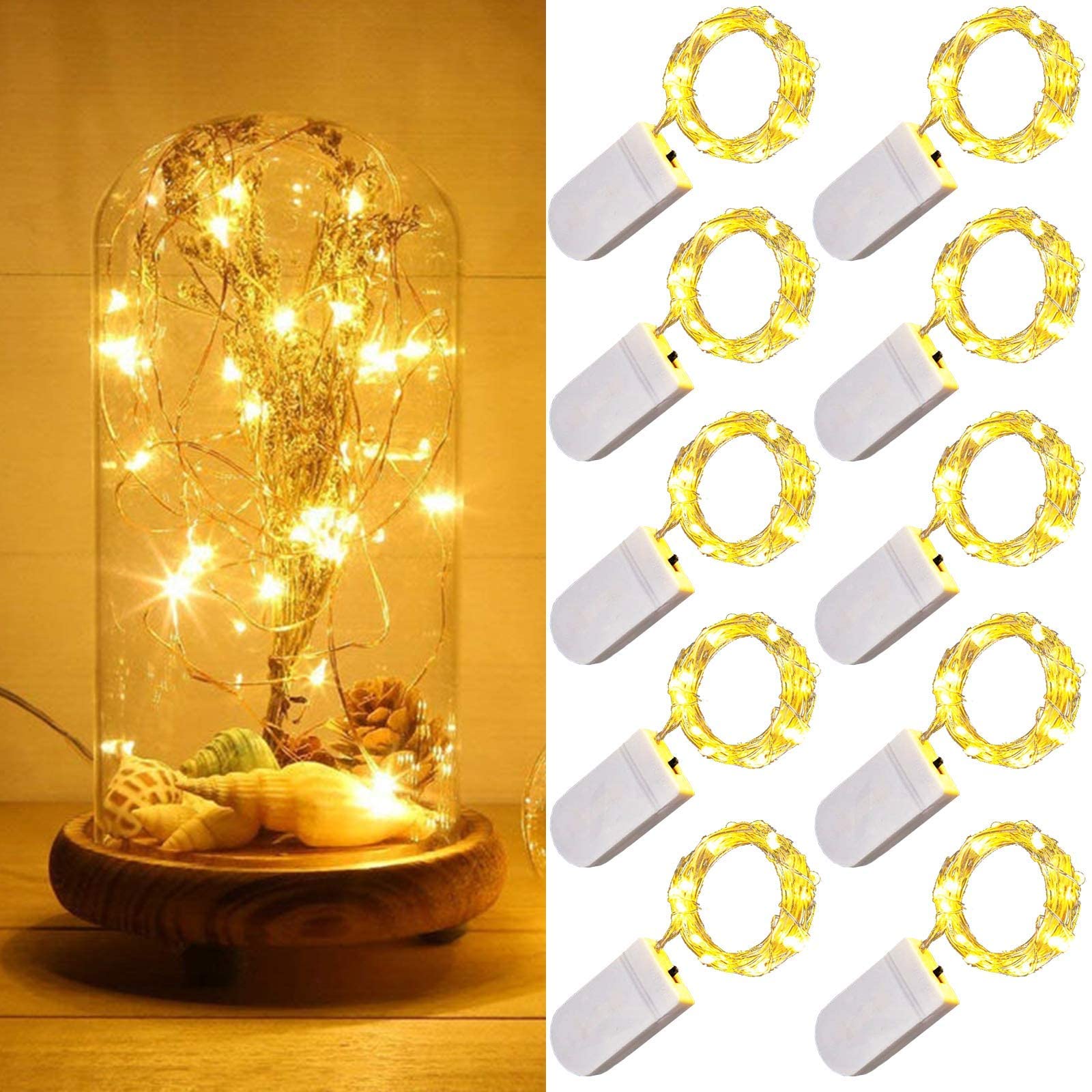 Led Fairy Lights, 10 Pack LED Fairy String Lights Battery Operated, 1m 10 LEDs Sliver Wire Waterproof Bottle String Lights for Wedding Party Bedroom Indoor Outdoor Christmas Decoration, Warm White