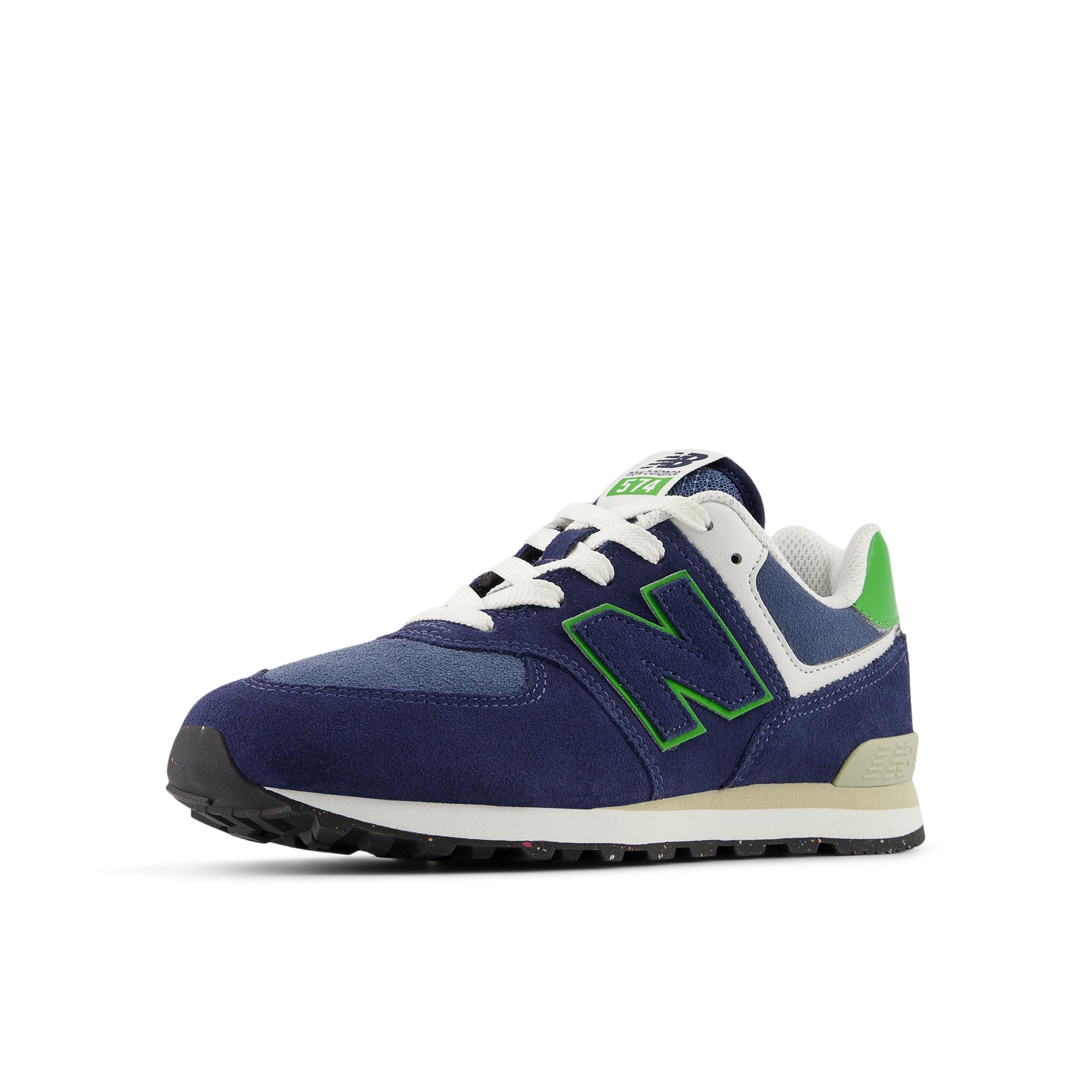 New Balance Kid's 574 V1 Lace-Up Sneaker, Nb Navy/Alpine Green, 4 M Big Kid Image