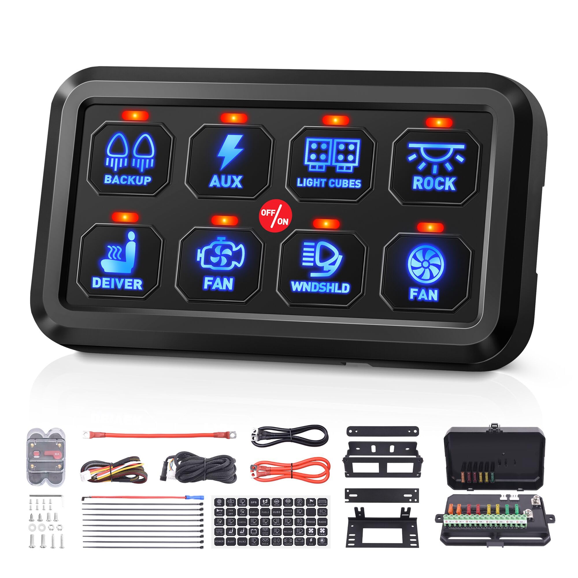 Photo 1 of MNJ Motor 8 Gang Switch Panel, Blue LED Touch Control Panel Box Car Touch Switch Box, Universal Momentary Switch with Fuse Block Label Stickers for Truck ATV UTV Marine Caravan