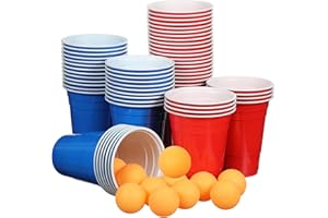 Qinyoung 76 Pcs Cups and Balls Game Set for Party, Plastic Flip Cup Stacking Family Game Colorful Reusable Table Tennis Ball Indoor Outdoor Toss Activity for Birthday Wedding Party (Red Blue)