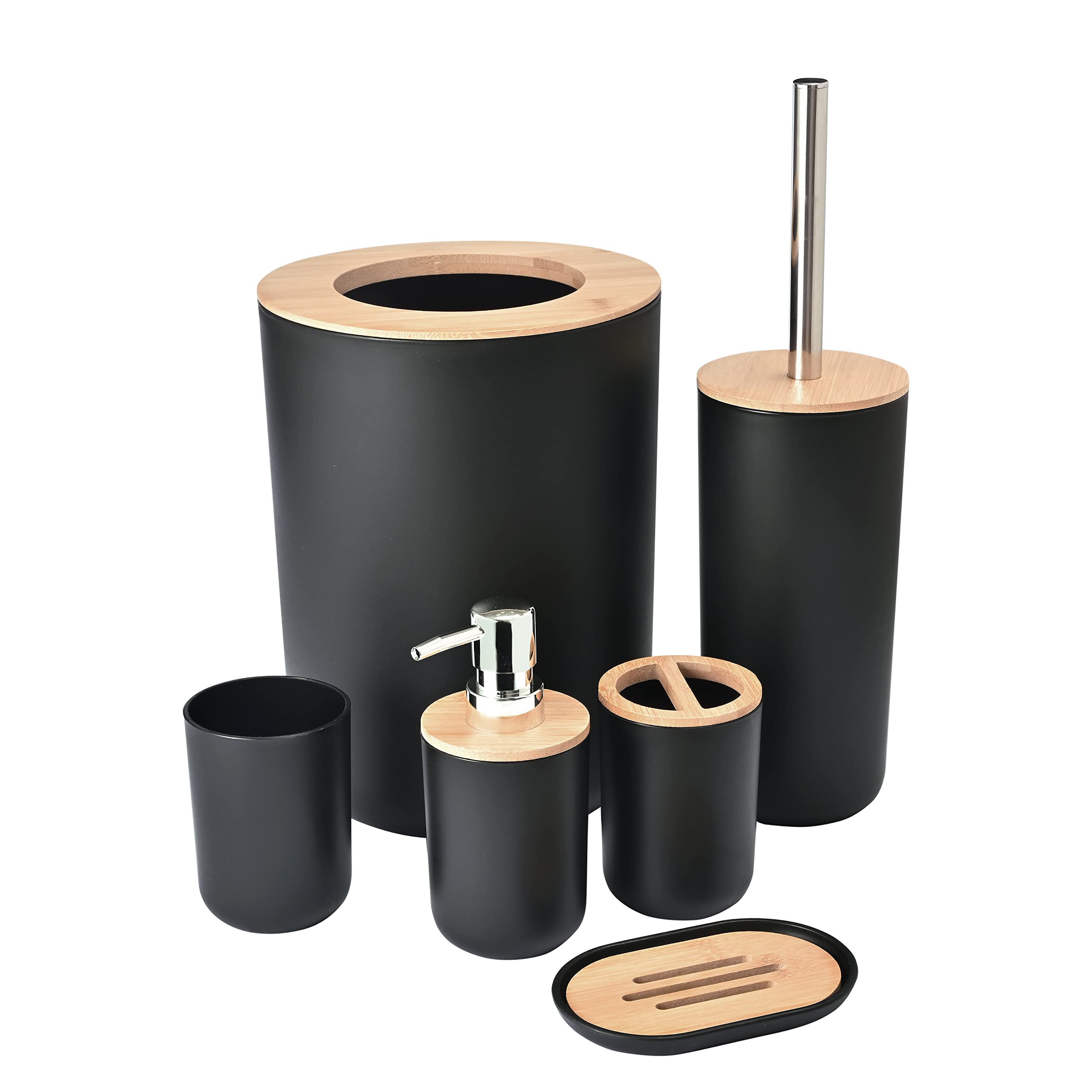Yorkmills Bamboo Bathroom Accessories, 6 Pieces Black Bathroom Accessory set, Bathroom Bin Toilet Brush Set, Durable Toothbrush Holder Cup, Soap Dispenser With Pump, Soap Dish Holder, Modern Trash Can