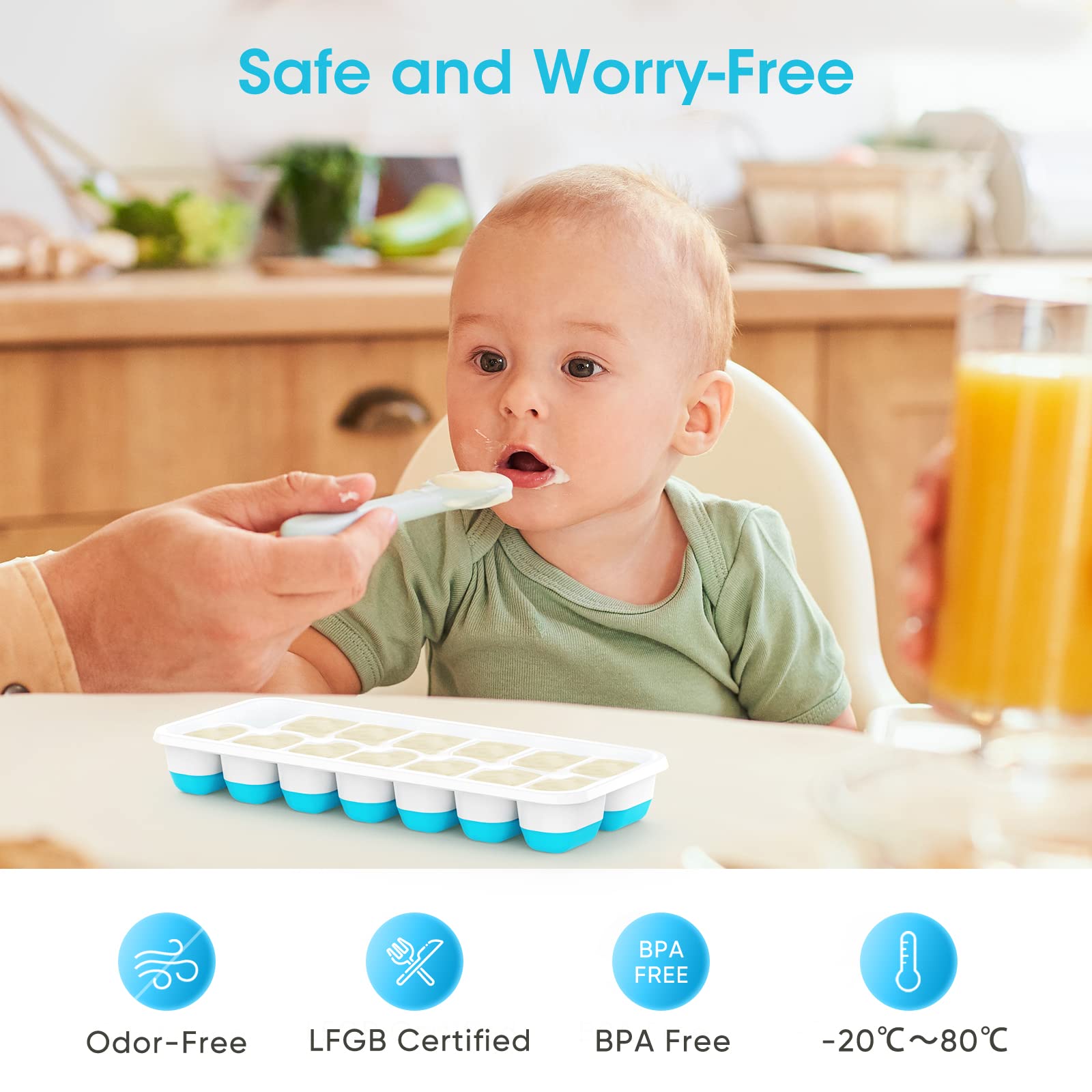 DOQAUS Ice Cube Tray with Lid and Bin, 4 Pack Silicone Plastic Iced Cubes Trays for Freezer with Box/Container, Stackable with Storage Ices Bucket, Tong, Scoop, for Baby Food, Cocktail, Coffee