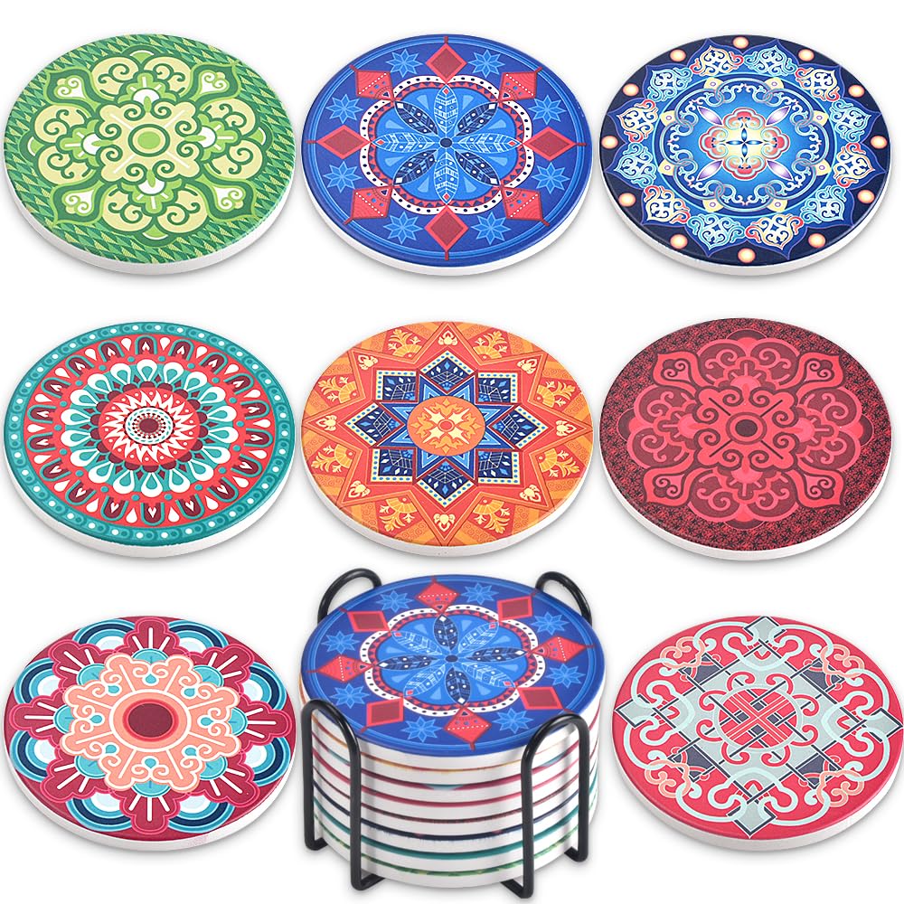Newk Coasters for Drinks, Set of 8 Ceramic Absorbent with Metal Holder, Bright Colorful Mandala Patterns Coasters for Coffee Table, Great Housewarming Gifts
