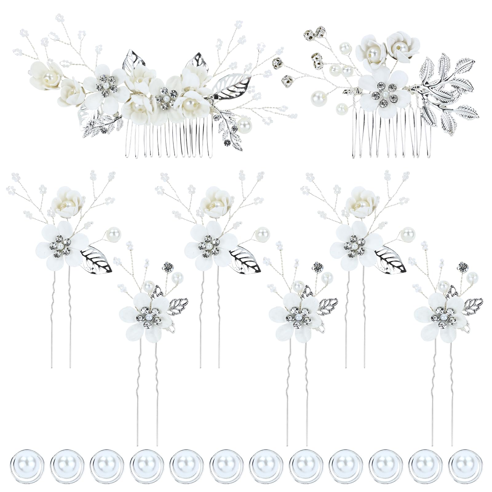 inSowni 20 Pieces Rhinestone Pearl Bridal Wedding Party Prom White Flower Hair Side Combs Slides +U-shaped Floral Hair Pins+Twist Spiral Pearl Hairpins Headpieces for Brides Bridesmaids Girls Women