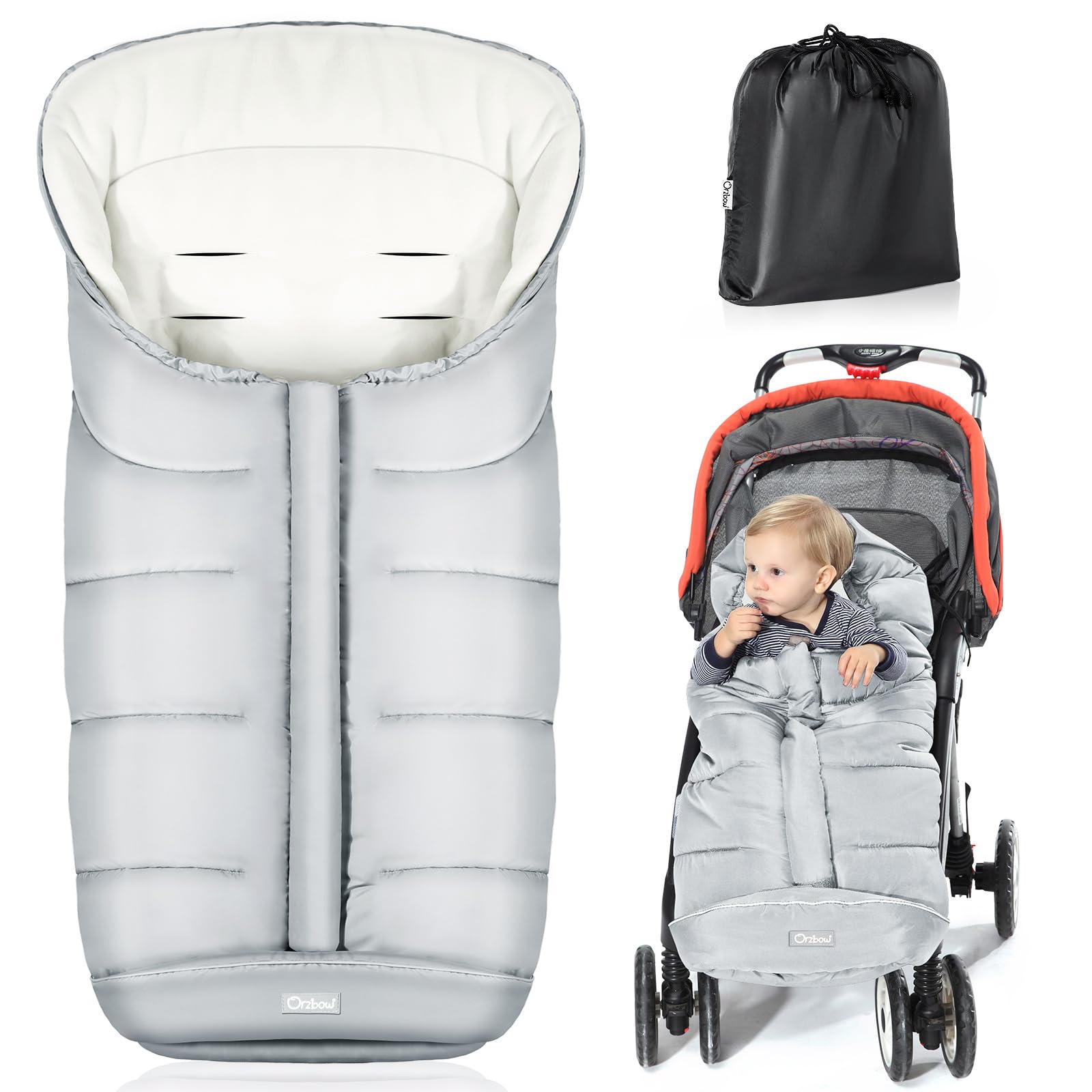 Orzbow Footmuff for Pushchair Universal, Large Pushchair & Pram Footmuffs with Drawstring, Waterproof Cosy Toes for Buggy with Polar Fleece, Anti-Slip Back, Easy Access, Machine Washable, Light Grey